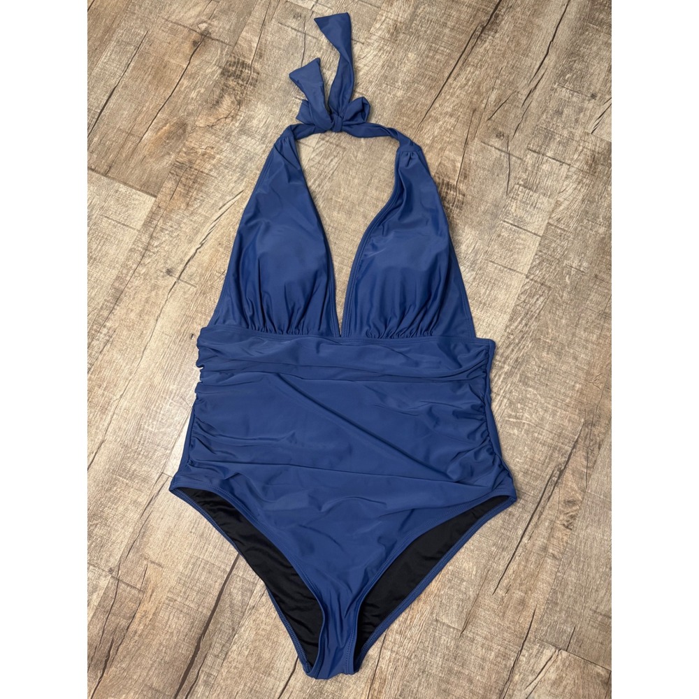 Cupshe Womens Navy Blue Halter One Piece Swimsuit Ruched V-Neck XL